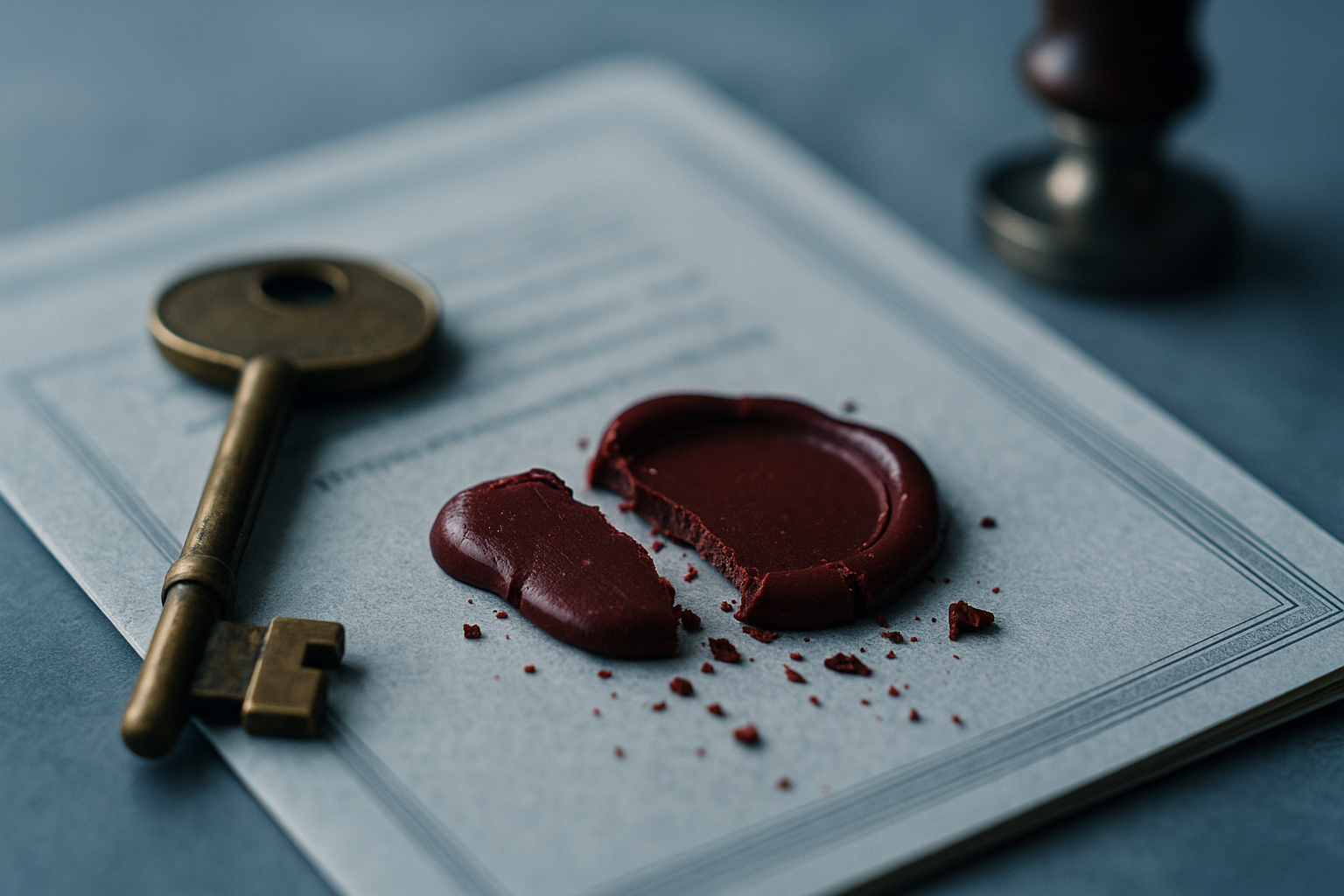 A single brass house key resting on a folded property deed with a broken red wax seal on a cool slate desk
