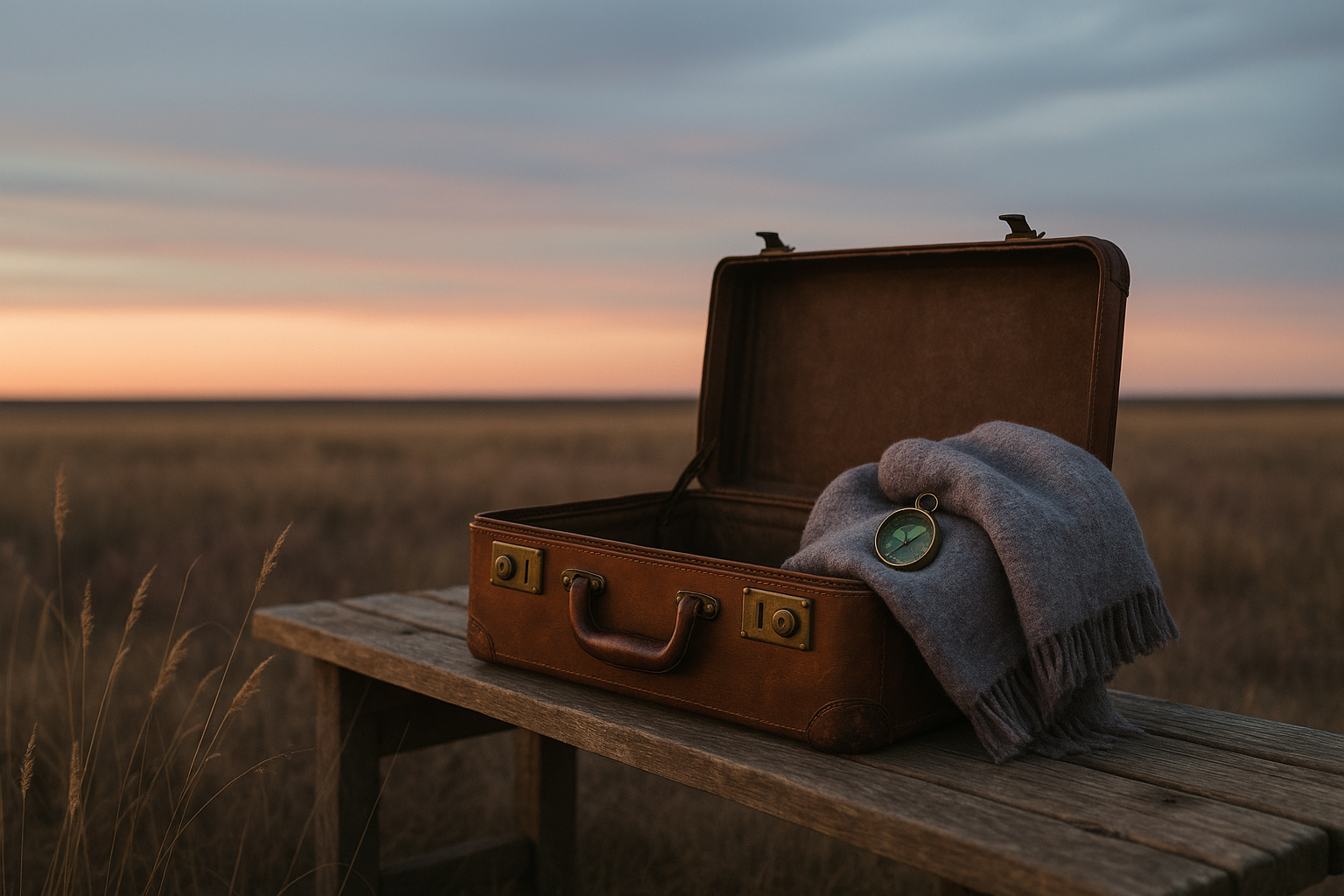 An open vintage leather suitcase on a weathered wooden bench with a prairie horizon at sunset, dusty plum and burnt sienna tones